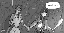 fuocogo:Nico and Reyna navigating a tunnel of soul-hungry ghosts or maybe hades or idk do i need an excuse to draw them holding hands