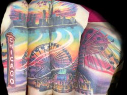 fuckyeahtattoos:   my half sleeve done in its entirety.chicago skyline,navy pie ferris wheel,buckingham fountain,swings at navy pier,chicago theater sign.28 hourstotal.   omg rainbows and Chicago.  Best combination everrr.