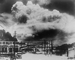 Kawanami Shipyard, August 9, 1945, 11:02 am 5 miles away, city &amp; people of Nagasaki shifting into light &amp; sound.Photo by Hiromichi Matsuda