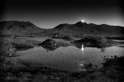 black-and-white:  rannoch moor moonset at mid summer (by Wytchwood) 