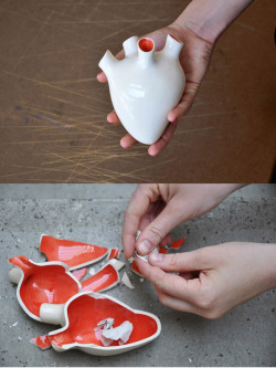 lets-paint-the-town-pink:  jilltheripper-:  A ceramic heart-shaped vessel that you can place your thoughts, feelings and emotions into. Write them down on pieces of paper and put them inside. You must then physically break your own heart to free them.