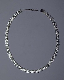 fyeahstrangefinds:  Pi Necklace Awesome geeky necklace. The Pi Necklace has all the digits of the nerd number out to 100 decimal places (yes I counted them for you!) Show your geek pride with numbers. I don’t have any other information on this other