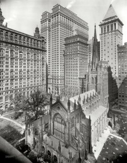 ysvoice:  | ♕ |  Trinity Church and office buildings - New York, circa 1915 firsttimeuser:  New York circa 1915. “Trinity Church and office buildings.” Rising heavenward at center, the twin slabs of the Equitable Building; at right, the pyramid-topped