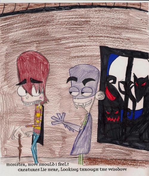 fanboyandchumchum:  After listening to Monster Remix by Dia and Meg it inspired this. Done completley in crayon, marker and colored pencil and edited to be darker, I think this is my best work yet. Submitted by Kara 