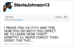 thedailywhat:  Tweet of the Day: Buffalo Bills wide receiver Stevie Johnson blames God for his game-losing drop in last night’s match up against the Steelers. Stevie, you fool. You forget to @ Him! Now He’ll never get your tweet. [shutdown.]  THX