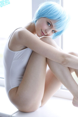 White swimsuit &amp; blue hair