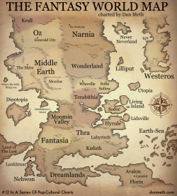 justinrampage:  Plan your upcoming vacation with help from Dan Meth’s geeky Fantasy World Map! From Middle Earth to Hyrule, you will never be without an adventure. Related Rampage: Love Has Enemies The Fantasy World Map by Dan Meth (Flickr) (Facebook)