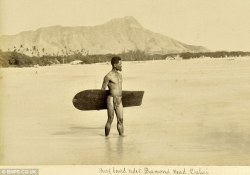 blackandwtf:  1890 This is the first known photograph ever taken of a surfer. Surfing was banned in Hawaii by missionaries in the 1700s for its “ungodliness,” but fortunately the natives didn’t pay much heed to that decree. 