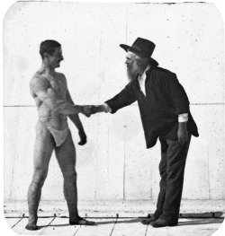 bitchingpost:Muybridge posing with San Francisco Olympic Club strongman L. Brandt (1879).