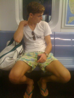 shortsandunderwear:  Hot preppy in light shorts ( isnâ€™t a boxer?) in the subway 