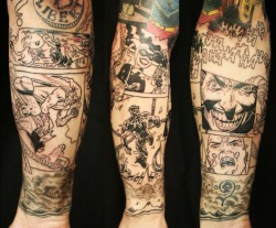 fuckyeahtattoos:  comic sleeve in progress by Jamie Macpherson 2011 @ Unity Tattoo Vancouver BC  borneoheadhunter@graffiti.net  !!!!!!!!!!!  I NEED TO SEE THIS COMPLETED.