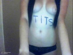 usually, the bodywriting says a person&rsquo;s name or something, but this is a shot of tits, labeled tits. very original! good work to you miss! :D