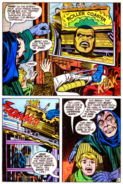 Panels from Forever People No.4, published by DC Comics, 1971.  Written, drawn and edited by Jack Kirby.  Bought from eBay. The energy of Kirby&rsquo;s panels explodes from the page.  You can feel the tension of the hurtling rollercoaster, the fear