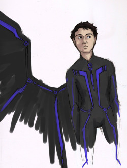 Really quick sketch of Tron!Cas, trying to lay out what his suit pattern would be. I still need to figure out the shape of his stylized wings. 