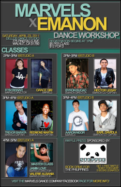 mmmmmargiel:  Marvels x Emanon Workshops | April 23, 2011  Yeuup! We’re doing it! Come through, it’ll be fun meeting new people and taking dance classes with a mixture of Marvels and Emanon (Marvanon) styles! Just click on the picture to view the