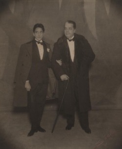 artemisdreaming:  Jean Cocteau (left) and Serge Diaghilev on opening night of Le Train Bleu, June 20, 1924 French writer and artist Jean Cocteau (1889–1963) fell under the spell of the Ballets Russes during the company’s early visits to Paris. He