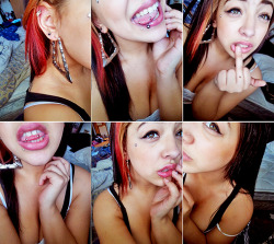 beautifullydope:  piercings for all the people who’ve asked: nose, lip, tongue, snake eyes (tongue), cartilage, first holes on ears, second holes on ear (starting to gauge , currently 12g), Dermal below eye, dermal middle finger . 