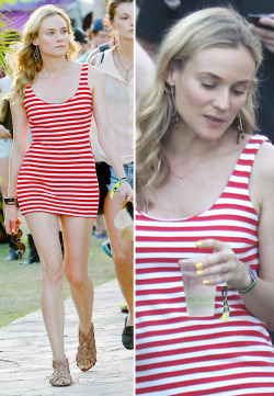 suicideblonde:  Diane Kruger at Coachella, April 17th I am so totally in love with this look.  The red and white striped minidress on her delightfully curvy body, the bright yellow nail polish and Diane’s retro blonde waves and beautiful face. 