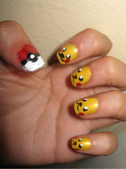 forgettmeknott:  I bought some nail polish off of ebay hoping it would be more of a neonish yellow. And its not :/ But i still love it. Its the perfect color to draw lil pikachus on it&lt;3. They’re a lil fucked up but idgaf :D I Used China Glaze in