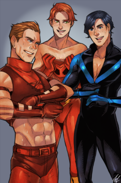 nogutsnoglory:  another commission! it was requested that roy, dick and wally be in their early 20s, without masks looking like they just had a good work out!  commission me here 