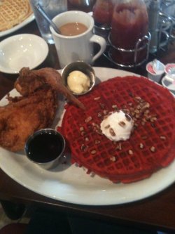 fuckyeahawesomefood:  Chicken &amp; Red Velvet waffles with cream cheese frosting &amp; pecans  8O