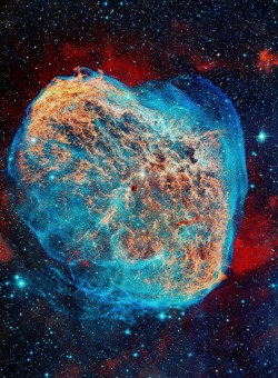 kassafrassa:  khelad:  cosmosplasma:   The Crescent Nebula  An emission nebula in the constellation Cygnus, about 5000 light years away. It is formed by the fast stellar wind from the Wolf-Rayet star WR 136 (HD 192163) colliding with and energizing the