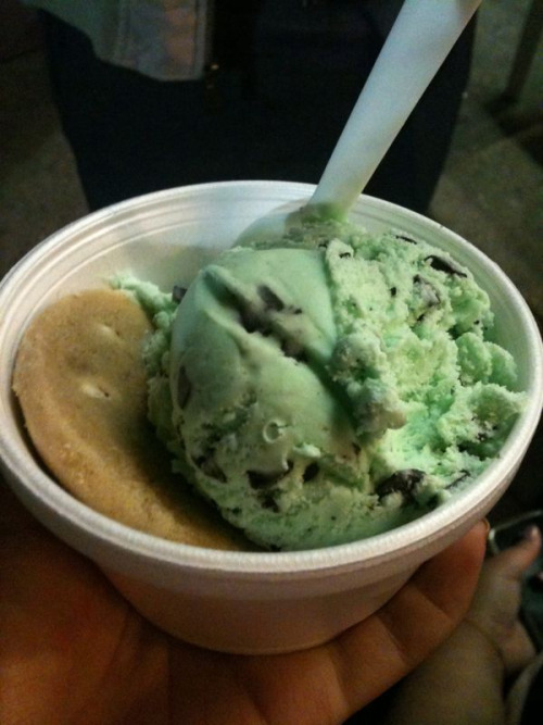 Diddy Riese! mint chocolate chip with just one white chocolate chip cookie! <3