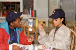  Lisa Bonet and Kadeem Hardison read a scene together on the set of their show A Different World. Aired: 1987-1993. 