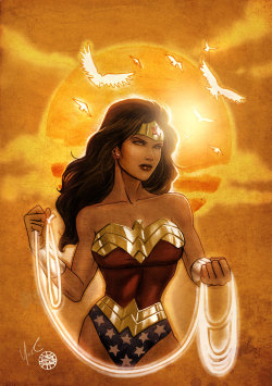 elliottmarshal:  [Image description: Wonder Woman stands in front of setting, golden sun. She’s wearing her classic costume, holding her lasso in her hands. Above her we see blooms of sunglow clouds and white birds. She looks off, determined. The light