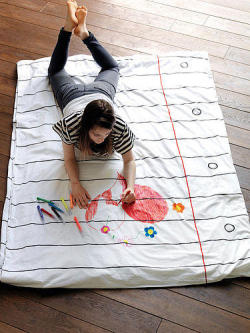 ceaseatdeath:  Drawing Duvet cover This duvet cover comes with its own pack of 8 wash-out doodle colour pens, so you can jot down late-night thoughts, draw a masterpiece, write a story or leave a message – then wash your duvet cover for a fresh start
