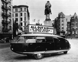 All Out Aid to Great Britain and the Allies No.3 Dymaxion Car designed by R. Buckminster Fuller, somewhere in the US sometime in the 40s