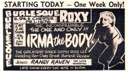 A newspaper ad promoting an Irma The Body appearance at Cleveland&rsquo;s &lsquo;ROXY Theatre&rsquo;..