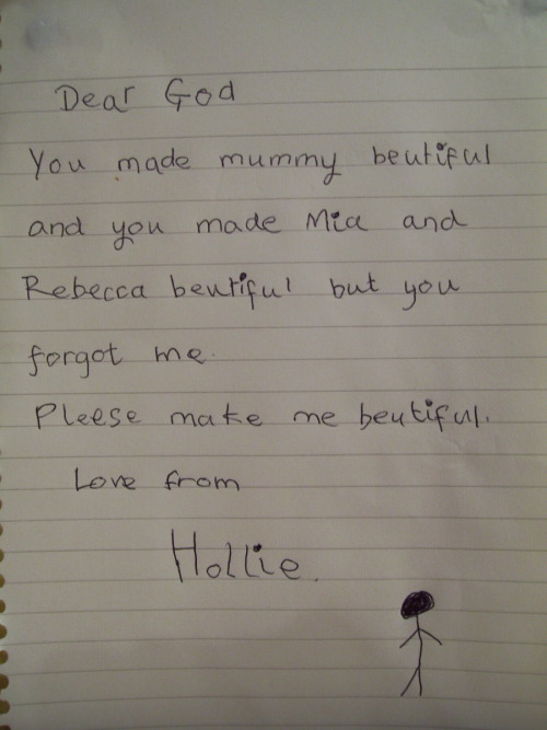 trustmexx:  ncislover29:  endless-beliefsxo:  violett-harmonnn:  p-ahle:    This was written by a little 6 year old girl. I babysit her and her two sisters - Rebecca and Mia, and before they go to bed they all sit down and write little prayers to God.