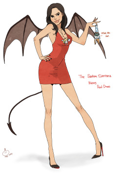 help-help:  Santana!(and mini angel britt and dave:D) the Satan Santana wears Red-Dress! I really likes santana in female characters:D but… sorry I’m really terrible at draw woman:D…D’oh. it is too difficult to me D: 