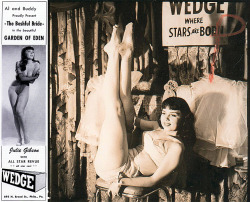 Julie Gibson A 50&rsquo;s-era magazine ad &amp; contact sheet photo, depicting her captivating &ldquo;Bashful Bride&rdquo; performance.. A popular draw at Philadelphia&rsquo;s &lsquo;WEDGE Nightclub&rsquo;..