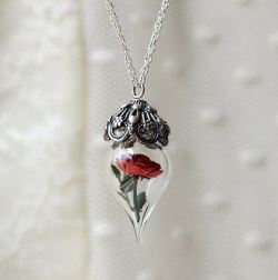 amorningcupofjo:  Weekend Spotlight: Woodland Belle’s Etsy Shop! Tiny terranium necklace: Red Rose.  This reminds me of Beauty and the Beast.  &hellip;./grabby hands
