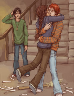buttermelow:  #29 | Your favorite Ron/Hermione book moment “There was a clatter as the basilisk fangs cascaded out of Hermione’s arms. Running at Ron, she flung them around his neck and kissed him full on the mouth. Ron threw away the fangs and broomstick