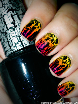 blanketprint:  Colors: Sun-Sational (Ulta), Orange Flame (Ultra Pro), Pink Voltage (China Glaze), Black Shatter (OPI). The sunset gradient effect is really easy to recreate, and can be done with other colors that would fade nicely into each other. First,
