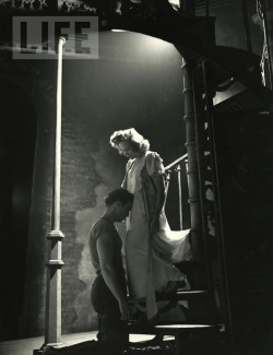 wasbella102:  Marlon Brando kneels before Kim Hunter in a touching scene from the Broadway production of Tennessee Williams’ “A Streetcar Named Desire”. 1947. 