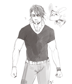 yummytomatoes:  Tig doesn’t like how tight the shirt is LOL BUT BUNNY-BUNNY LOVES IT  He should wear Bun&rsquo;s shirts more often