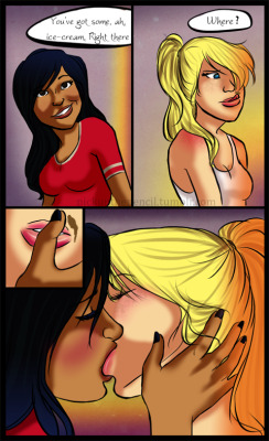 pickupthepencil:   Summer Girls » by imgayerthanyouAU. Brittany and Santana meet for the first time at summer camp.   “You’ve got some, ah, ice cream. Right there.” Brittany licked at the corners of her mouth but missed the small glob of vanilla.