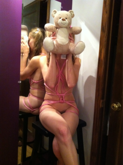 stubbornlittleone:  Daddy tied me up in a very simple, pretty tie with my favorite pink rope. He wanted to take a picture, but I was too shy and had Java Bear cover my face. 