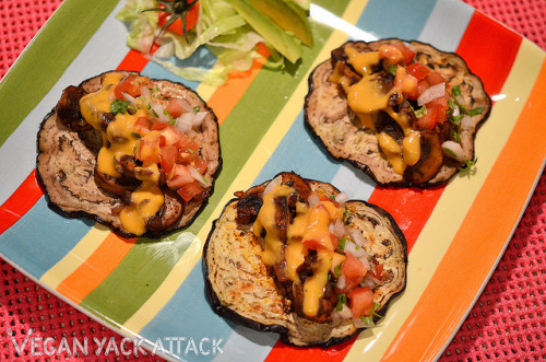 yackattack:  Spicy Mushroom Tacos with Soft Eggplant Shells, Pico De Gallo & Hot Cheese Sauce! I was inspired by Daiya’s Summer Cookout Recipe Contest to try an even healthier way to make tacos, and also incorporate their delicious cheese shreds