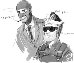 kichisu: charmory asked you:   I will  never not take a chance to request Engie and/or Spy.  Random Spy and Engie! I wonder what engie might be so upset about… 