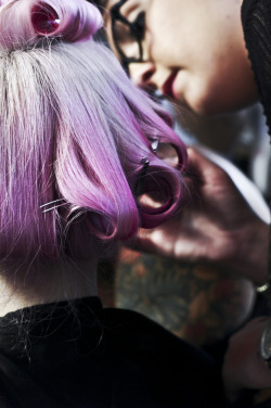 milkstudios:  Pink Hair Prep at Jeremy Scott Photo by: Jessie Adler 