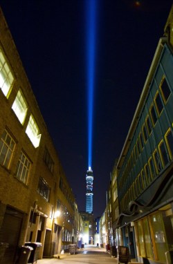 unknownskywalker:  An elegant tower for a more civilized age To promote the launch of the Star Wars box set on Blu-Ray, 60 4,500kw lights turn the BT tower into a giant lightsaber beaming a ray of blue light 200m into the sky, meant to represent the