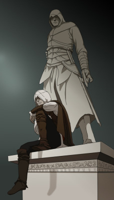 iamitaliavergaso:  Ezio looks so cool sitting by the statue DO NOT disrespect your elders Desmond &gt;:( SCARY shit happens when you do 