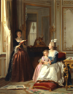 vivelareine:Madame de Lamballe reading to Marie Antoinette and her daughter, Marie ThÃ©rÃ¨se Charlotte by Joseph Carauad, 1858 This is my favorite Carauad painting of the royal familyâ€¦ I wonder how many of his paintings on the subject are in private