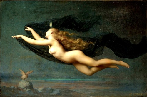 beautifuldavinci:  Auguste Raynaud  (1854 - 1937) Night In Greek mythology, Nyx (“night”, Nox in Roman translation) was the primordial goddess of the night.  A shadowy figure, Nyx stood at or near the beginning of creation, and was the mother of