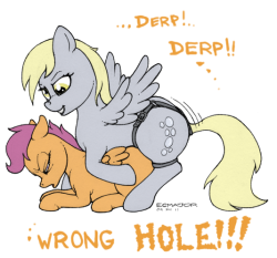 scootalooue:  sparklesintwilight:  Ack! *wince* Derp! Derp!! (OOC/Unrelated …obviously.) Wanted to draw foal porn… this isn’t quite what i had in mind, but ah well. There’s always the future for more foal porn. Oh and i think ponies with strap-ons